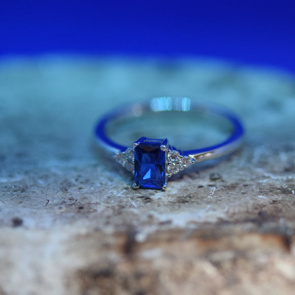 925 Sterling Silver Ring Rhodium plated High polish Deep Blue and Clear Cubic Zirconia https://lightningjewelry.com/